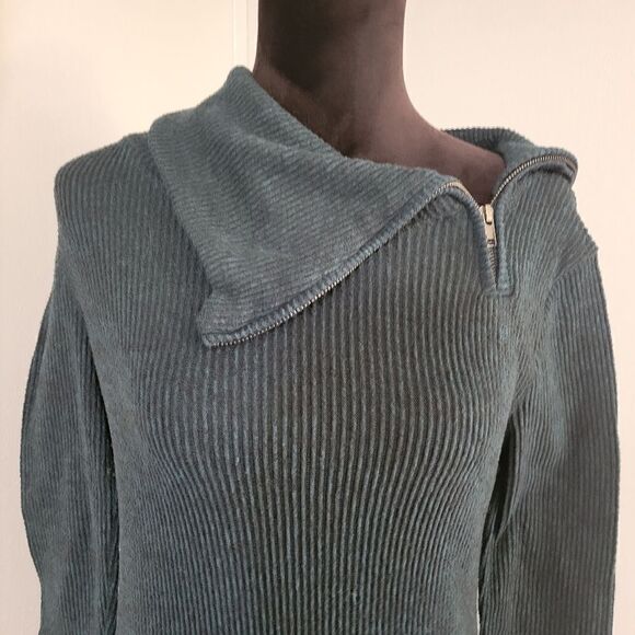 No Boundaries Teal Ribbed Asymmetrical Zip Oversized Collar Sweater Dress Sz L - Picture 3 of 15